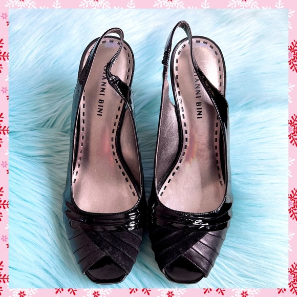 ⭐️ Gianni Bini Black Patent LEATHER Vintage Slingback Peep Toe Heels Women’s 7.5 - Picture 10 of 11